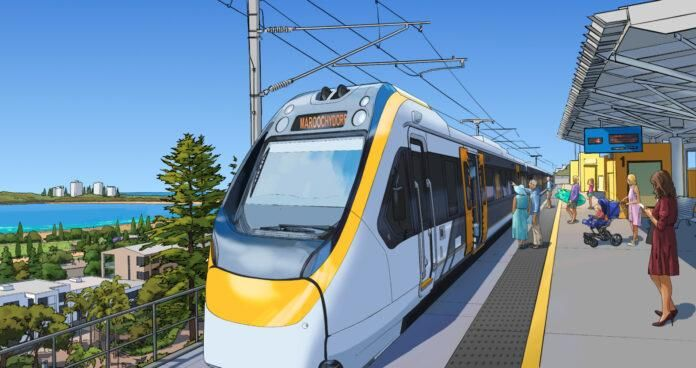 Artist impression: heavy passenger rail to Maroochydore at a coastal station