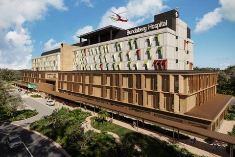 Contemporary regional hospital building exterior with landscaping (architectural photography).